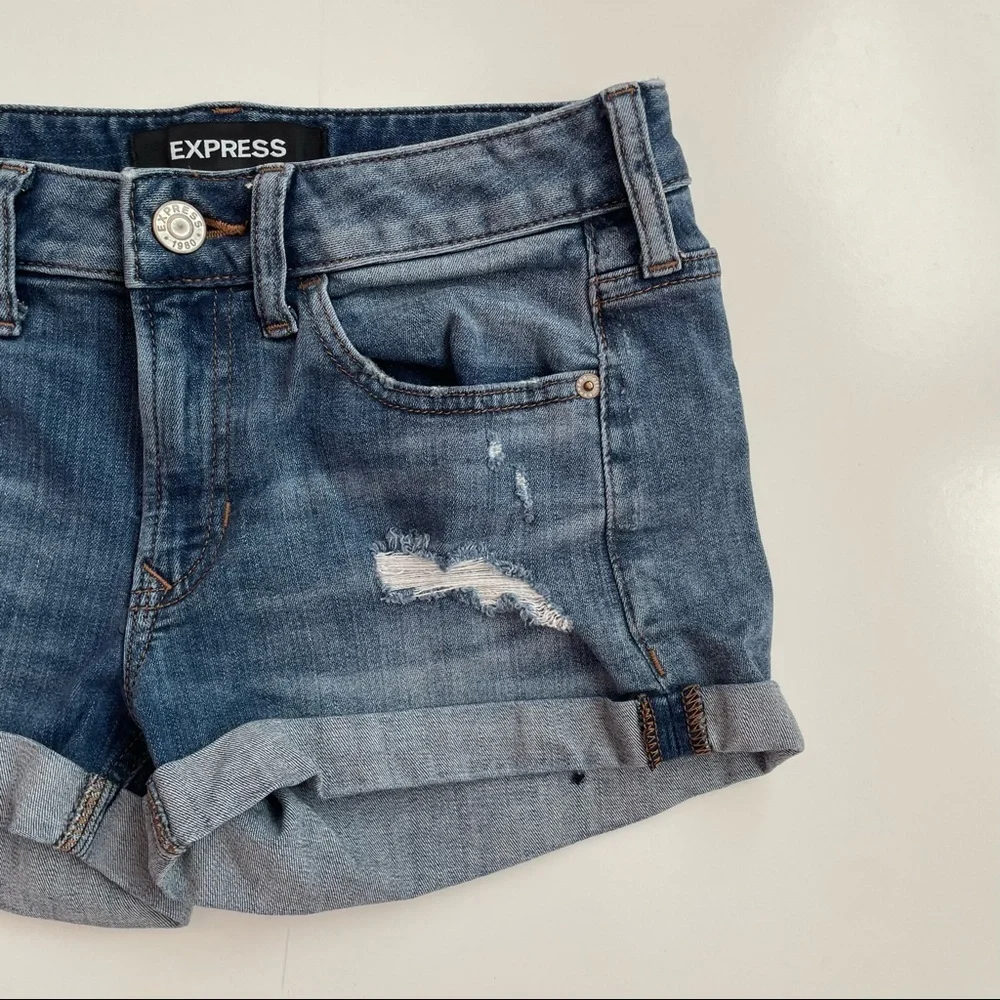 Express Women's Distressed Denim Jean Shorts - Blue - Picture 3 of 8